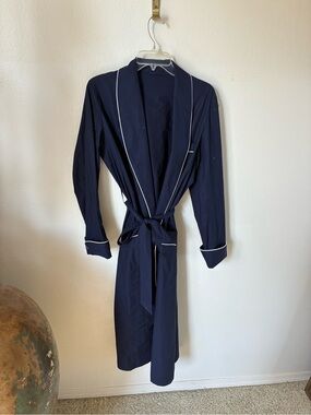 THE ROW Navy Blue 100% Cotton Poplin Contrast Piping Long Robe Made in USA
